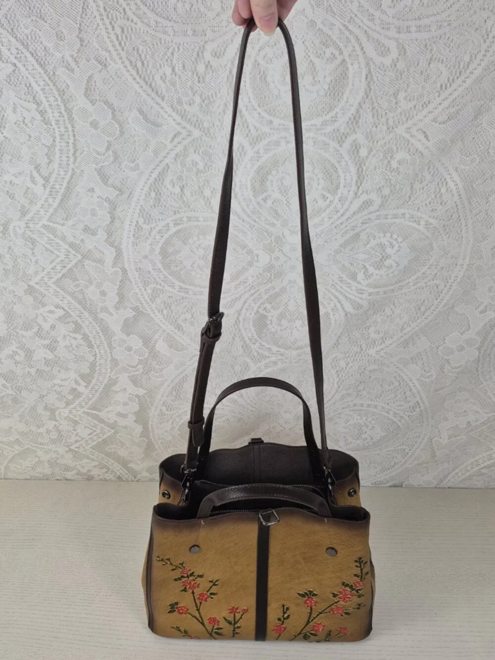 Hand-embossed Leather Satchel with Red Flowers/ Detachable Crossbody Strap